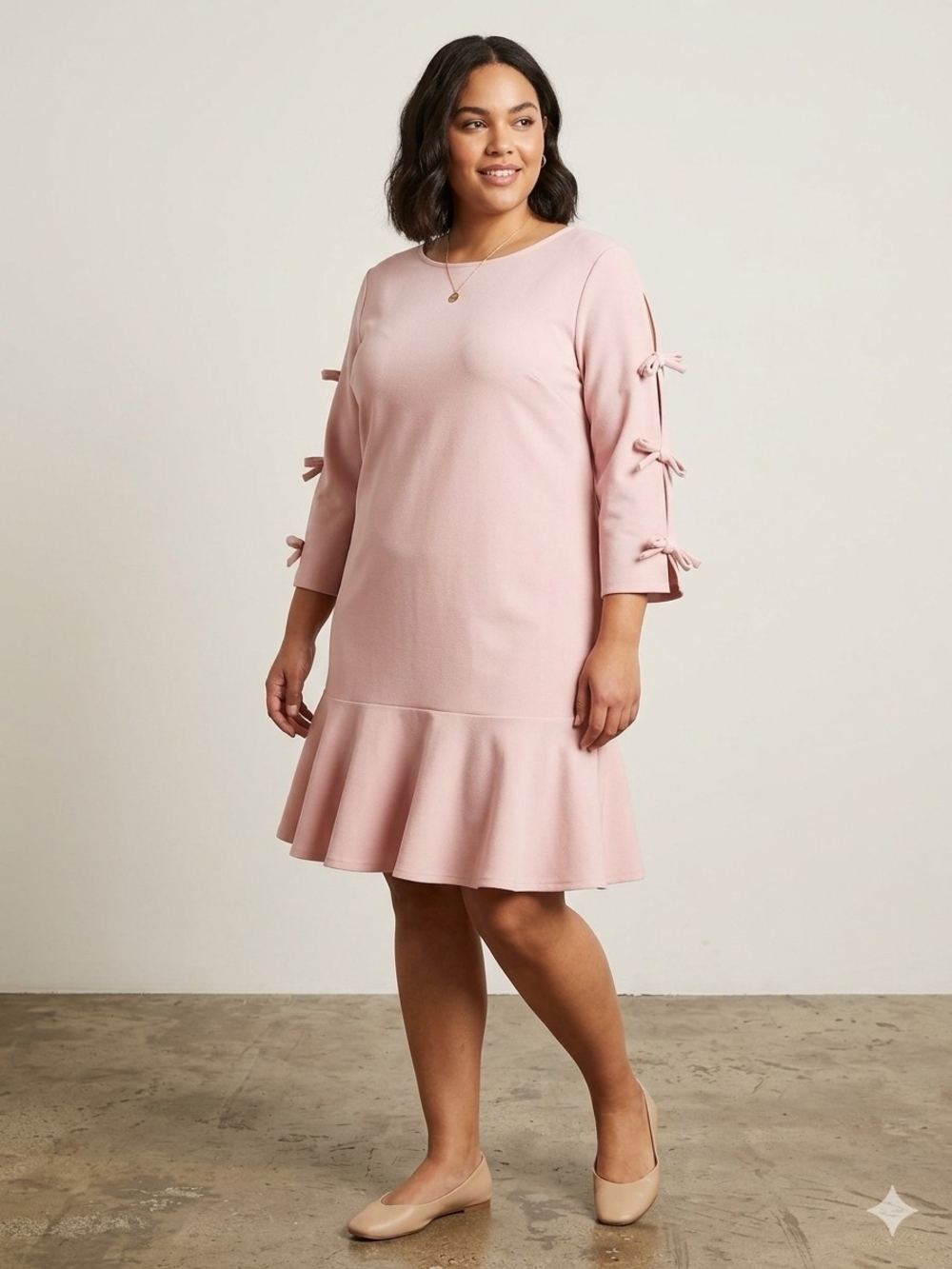ILE New York Plus-Size Blush Pink Long-Sleeve Tie-Sleeve Flounce Dress